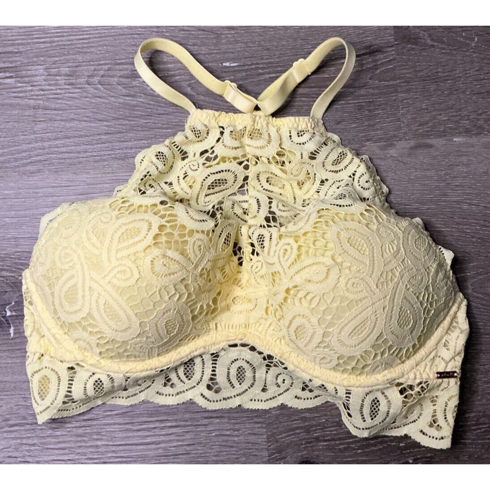 Victoria's Secret Yellow Lace Bra‎ Bralette Push Up Racerback High Neck Medium